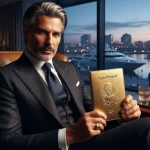 Illustration of a suited man holding a golden passport beside a marina