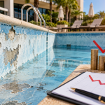 Damaged commercial swimming pool with peeling plaster, cracks, and declining financial charts illustrating the hidden costs of delaying pool replastering.