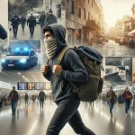 Illustration combining a traveler with a backpack, police, an airport and a passport