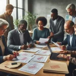 Illustration of a group reviewing documents around a table.
