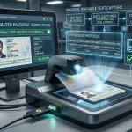 Illustration of a passport scanner using machine-readable text to access and verify electronic chip data
